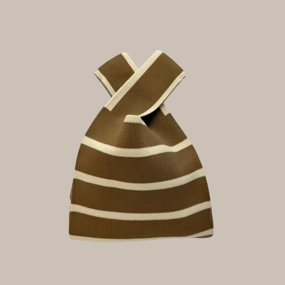 Japandi Knot Bag Soft Knit Foldable Lightweight, Y2K caramel & Cream NWT - Picture 3 of 8